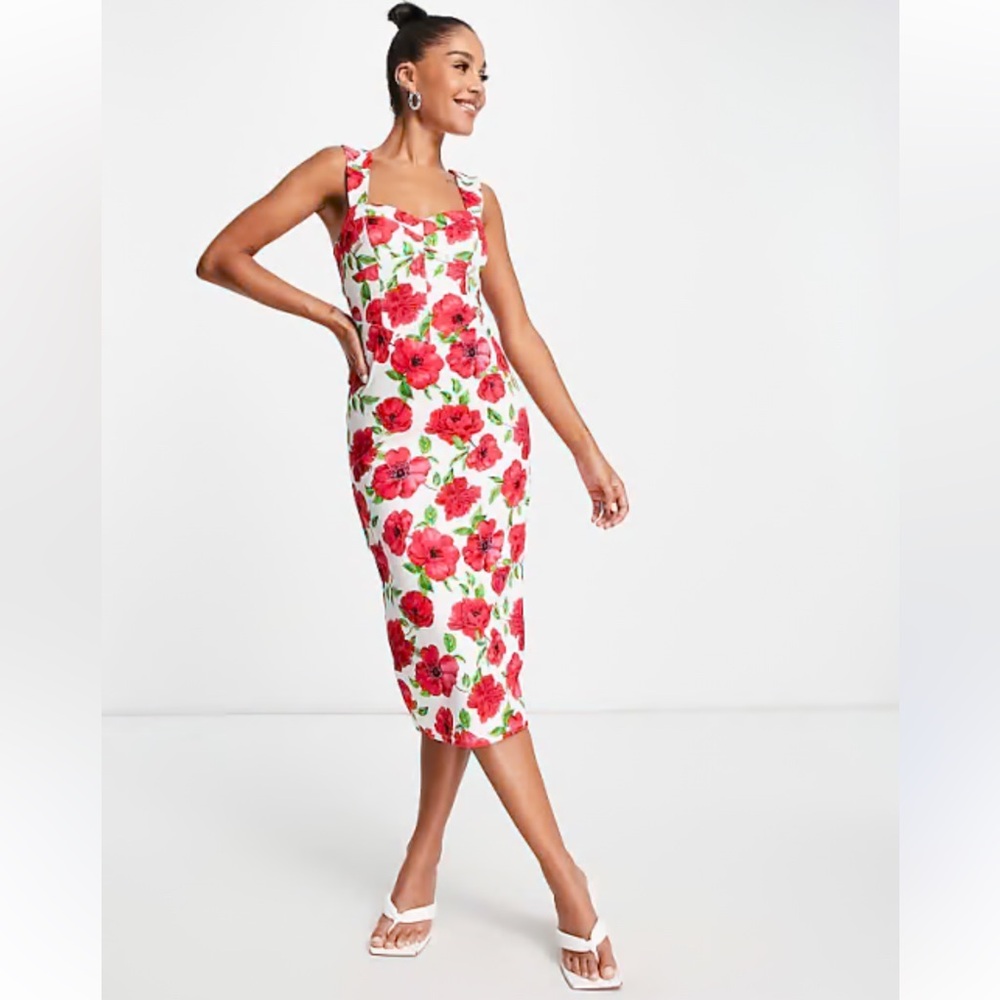 ASOS DESIGN Sweetheart Cupped Ruched Midi Bodycon Dress Floral Print